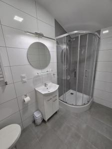 a bathroom with a shower and a toilet and a sink at Apartamenty Emilia 3 in Gniezno +18 photos