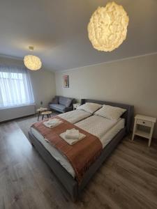 a bedroom with a large bed and a couch at Apartamenty Emilia 3 in Gniezno