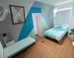 a model of a bedroom with a bed and a mirror at BluePepper City Hostel in Guadalajara