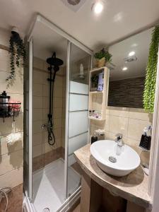 a bathroom with a sink and a shower at MiloPetra in Gerolimenas +32 photos