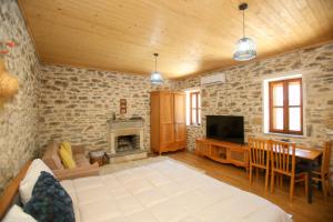 a living room with a couch and a tv and a fireplace at Oda Tozaj in Kallarat