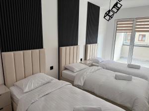 una camera da letto con tre letti e una finestra di Drahan Apartment 14 a Radom
