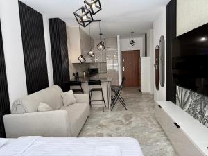 un soggiorno con divano e cucina di Drahan Apartment 14 a Radom