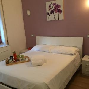 ローマにあるB&B SPQRのベッドルーム1室(白いベッド1台、トレイ付)