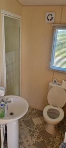 リルにあるLovely 6 Berth Caravan At Sun Valley In North Wales Ref 81023Aのトイレと洗面台付きのバスルーム