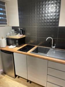 a kitchen with a sink and a counter top at studio Szymanowskiego 5 in Szczecin