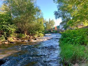 a river with a bridge in the background at Hôtel La Rubanerie, Ecolieu La Rub in La Broque