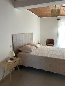 a bedroom with a bed and a table and a chair at Maison typique de village in Sorbo-Ocagnano