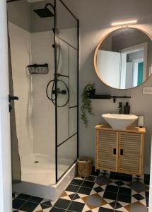 Un baño con ducha con lavabo y espejo. en Gradina cu Soare, en Fundătura