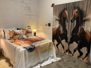 a man laying on a bed with two horses on it at Recanto do sossego in Sinop