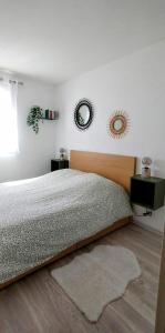 a bedroom with a bed and two mirrors on the wall at Maison cosy au bord du canal, piscine et parking in Béziers
