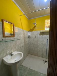 a bathroom with a sink and a mirror at Casa de férias em trindade paraty in Paraty