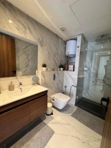 Un baño con lavabo, inodoro y ducha. en Central Maarif Studio, en Casablanca