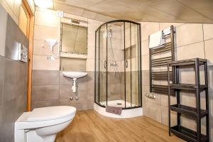 a bathroom with a toilet and a shower and a sink at Willa Góry A - Noclegi z widokiem na góry śniadaniami i sauna in Bukowina Tatrzańska