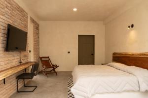 a bedroom with a bed and a tv on a brick wall at Villa Victoria Xico in Xico