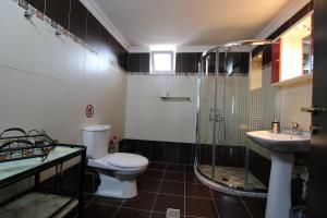 a bathroom with a toilet and a shower and a sink at Vila Eni - Mario in Ksamil