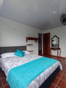 a bedroom with a large bed with a blue pillow at Estancia la Cascada in Florián +5 photos
