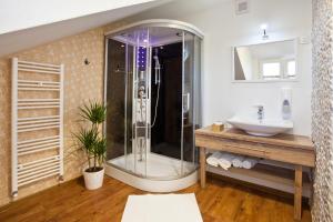een badkamer met een douche en een wastafel bij Hotel SAMARIN Črnomelj in Črnomelj