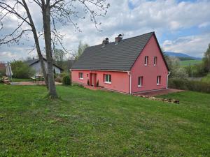 a red house with a black roof on a green field at Apartmány Hertvinka in Mladé Buky
