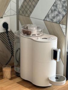 un grille-pain blanc assis au-dessus d'un comptoir dans l'établissement Appartement Le Petit Galet, au Havre