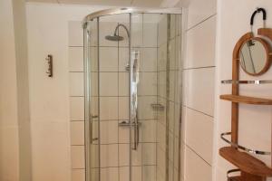 a shower with a glass door in a bathroom at Villa Silvanus in Ebensee +69 photos