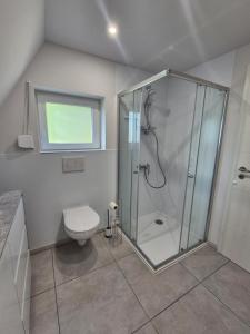 a bathroom with a shower and a toilet at Ferienhaus am Helenesee 14 in Frankfurt Oder +8 photos