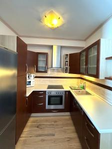 Kuchyň nebo kuchyňský kout v ubytování Club218 Holiday Apartman Siófok