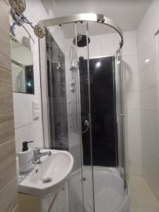 a bathroom with a shower and a sink at Rynek Golden Stay by Grafit in Legnica +12 photos