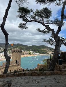 a view of a beach with a tower and trees at Hotel Don Juan Tossa in Tossa de Mar