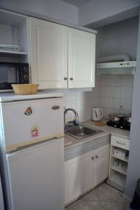 a kitchen with a white refrigerator and a sink at Eleni's Summer Apartment in Tolo