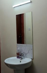 a bathroom with a white sink and a mirror at The Nordic Nest in Ruiru