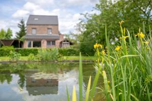 a house with a pond in front of a house at Vakantiehuis Marsnil in Heers +1 photo