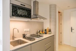 a kitchen with a sink and a counter top at Hopsters Boutique Suites in Besalú