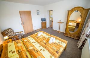 1 dormitorio con cama y espejo grande en Pension Jana, en Český Krumlov