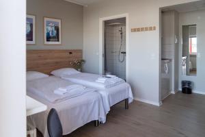 a bedroom with two beds and a shower at HOTEL SØMA Ilulissat in Ilulissat