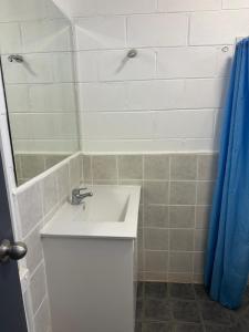 a bathroom with a white sink and a blue shower curtain at Ban Ban Springs Roadhouse and Motel in Dundarrah