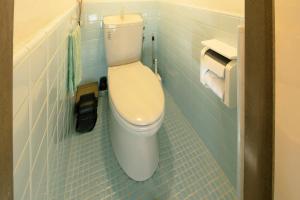 Habitación con suelo de baldosa azul y baño con aseo. en Guesthouse Yululu, en Kioto 13 fotos más