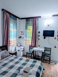 a bedroom with a bed and a table and a tv at Guest House Marina in Tbilisi City