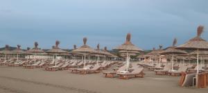 ein Haufen Stühle und Sonnenschirme an einem Strand in der Unterkunft Large Apartment - Perla Resort, Gjiri i Lalezit in Durrës