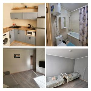 a collage of three pictures of a kitchen and a bathroom at Квартира in Balqash