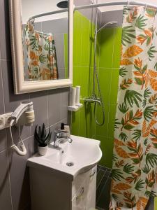 a bathroom with a sink and a shower curtain at simply-una in Bihać