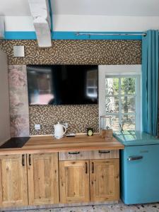 a kitchen with wooden cabinets and a blue appliance at Dream Vila Trakai in Trakai