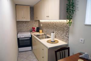 een kleine keuken met een spoelbak en een fornuis bij Sophia's Summer Residence in Tolo