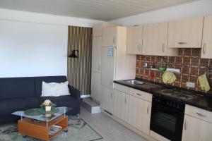 a living room with a blue couch and a kitchen at Ferienwohnung-Nuerburgblick in Reifferscheid