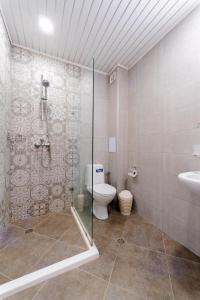 a bathroom with a shower and a toilet and a sink at Апартамент Веирас 2 in Velingrad