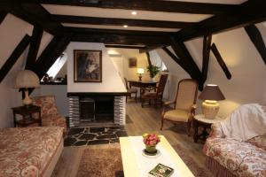 Una sala de estar con un sofá y una chimenea. en Appartement Jeanne, en Kaysersberg