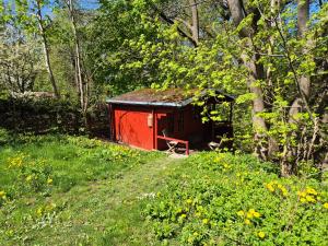 a red shed in the middle of a field at Glampinghütte Georgenthal in Georgenthal