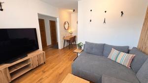 a living room with a couch and a flat screen tv at Harrachov apartment - Moderní horský apartmán v Harrachově pro 2-4 osoby, parkování, lyžárna, kolárna in Harrachov