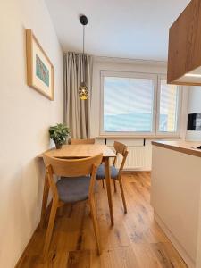 a kitchen and dining room with a table and chairs at Harrachov apartment - Moderní horský apartmán v Harrachově pro 2-4 osoby, parkování, lyžárna, kolárna in Harrachov +14 photos
