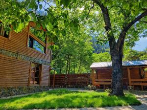 a log cabin with a tree in front of it at Villa Maxi Likani in Borjomi
